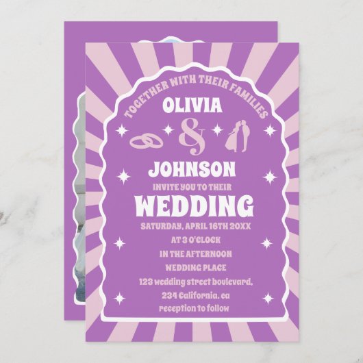 Retro paarse golvende boog bruiloft foto kaart (Voorkant / Achterkant)