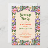 Retro Paarse Groene Bloemen Groovy 40e Verjaardag Kaart (Voorkant)