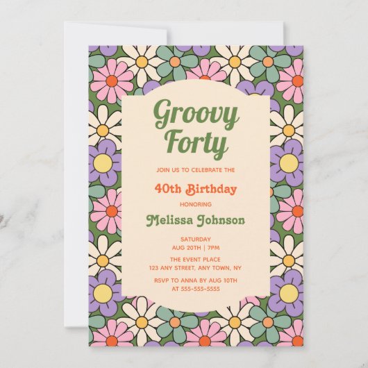 Retro Paarse Groene Bloemen Groovy 40e Verjaardag Kaart (Voorkant)