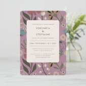 Retro paarse, groene, bruine bloemen, bruiloft kaart (Staand voorkant)