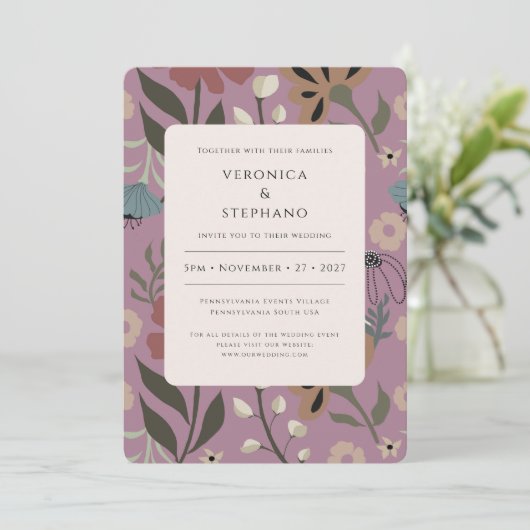 Retro paarse, groene, bruine bloemen, bruiloft kaart (Staand voorkant)