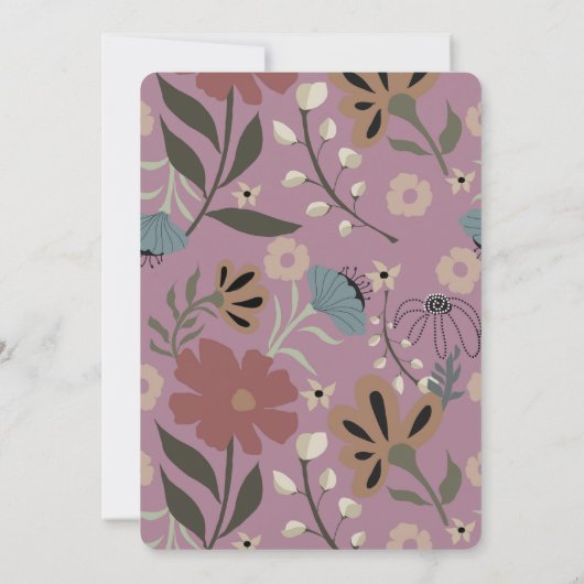 Retro paarse, groene, bruine bloemen, bruiloft kaart (Achterkant)