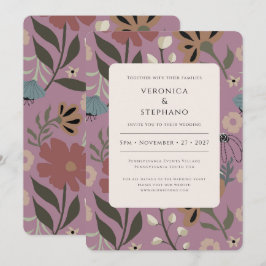 Retro paarse, groene, bruine bloemen, bruiloft kaart