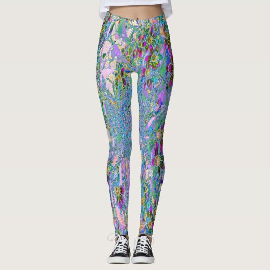 Retro Paarse, groene en blauwe wilde bloemen op Ro Leggings (Voorkant)