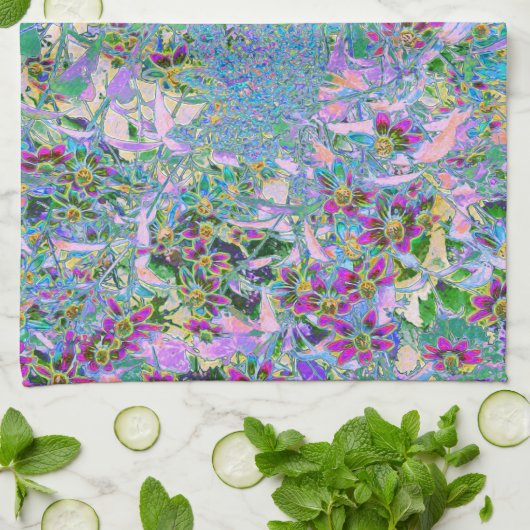 Retro Paarse, groene en blauwe wilde bloemen op Ro Theedoek (Gevouwen)