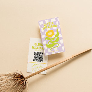 Retro Paarse Groene QR Code Groovy Geruite Bloemig Visitekaartje
