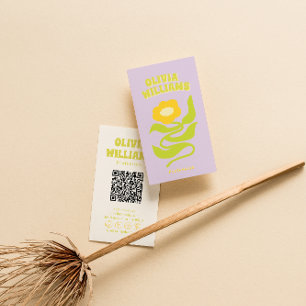 Retro Paarse Groene QR Code Groovy Trendy Bloemig Visitekaartje