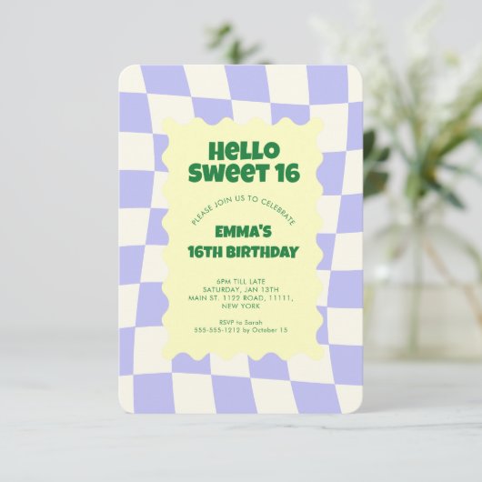 Retro Paarse Groovy Checker Sweet 16 Kaart (Staand voorkant)