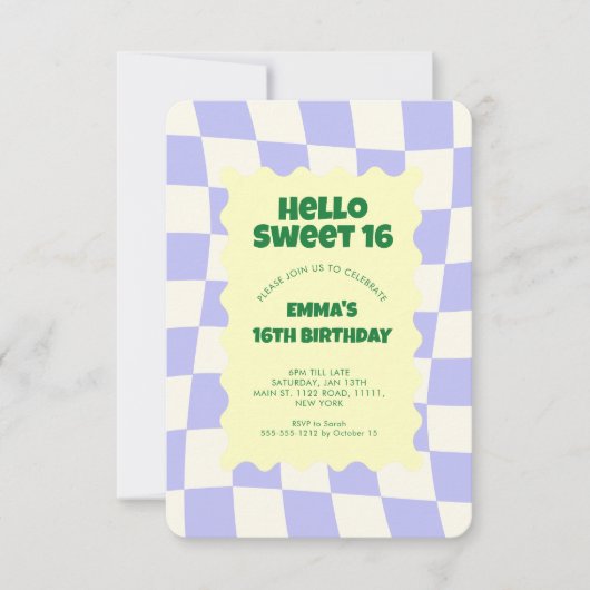 Retro Paarse Groovy Checker Sweet 16 Kaart (Voorkant)