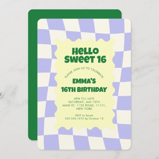 Retro Paarse Groovy Checker Sweet 16Birthday Party Kaart (Voorkant / Achterkant)