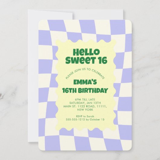 Retro Paarse Groovy Checker Sweet 16Birthday Party Kaart (Voorkant)