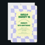Retro Paarse Groovy Checker Sweet 16Birthday Party Kaart<br><div class="desc">Retro Paarse Groovy Checker Patroon Verjaardagsfeest</div>