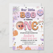 Retro Paarse Halloween Little Boo 1e verjaardag Kaart (Voorkant)