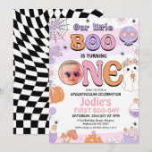 Retro Paarse Halloween Little Boo 1e verjaardag Kaart (Voorkant / Achterkant)