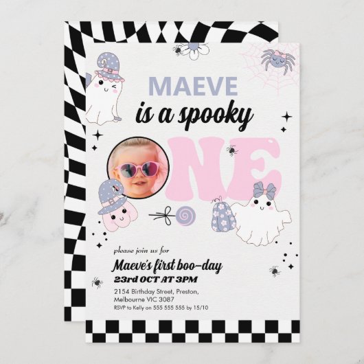 Retro Paarse Halloween Spooky Een 1e Verjaardag Kaart (Voorkant / Achterkant)