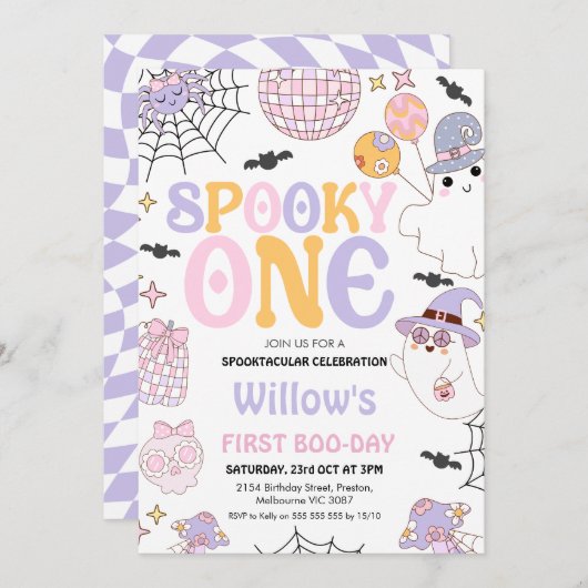 Retro Paarse Halloween Spooky Een 1e Verjaardag Kaart (Voorkant / Achterkant)