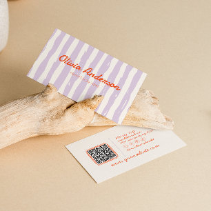 Retro Paarse Hand Geschreven Getrapte QR-code Visitekaartje