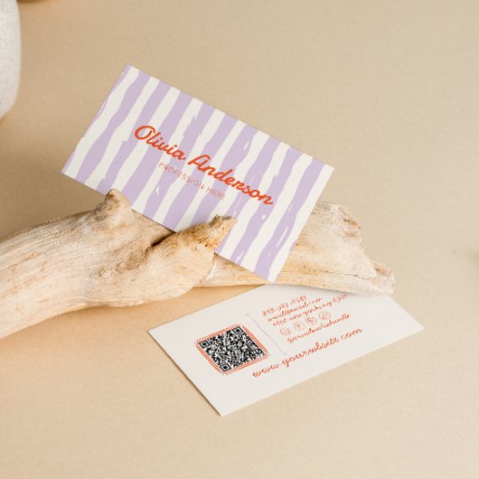 Retro Paarse Hand Geschreven Getrapte QR-code Visitekaartje