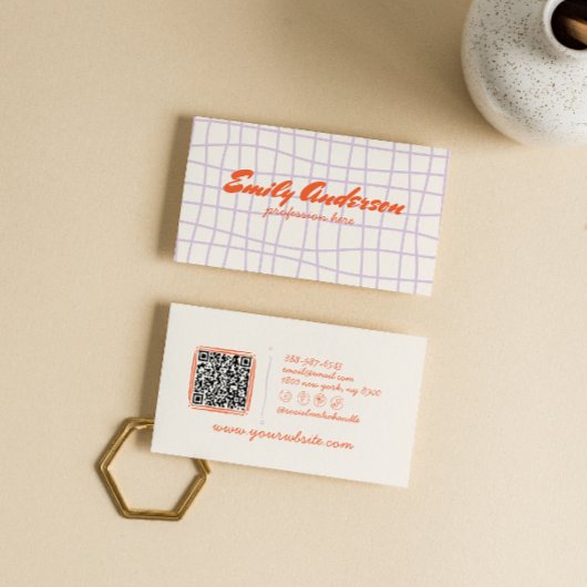 Retro Paarse Hand Geschreven Getrokken Groovy QR C Visitekaartje