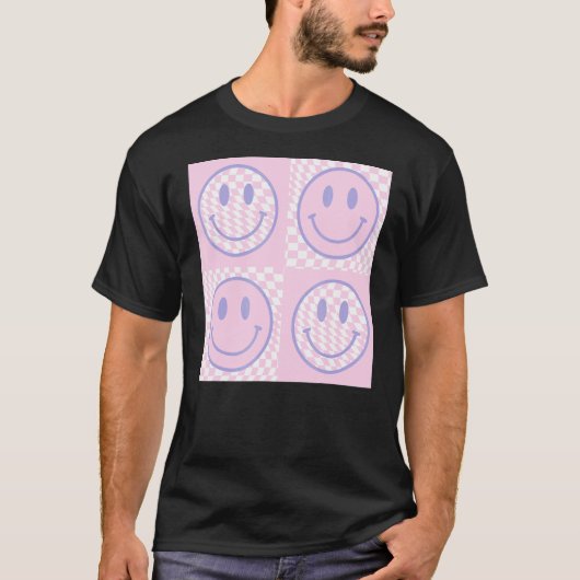 Retro Paarse Happy Face Gecontkered Pattern Trendy T-shirt (Voorkant)