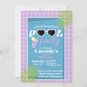 Retro paarse lavender Summer Pool Birthday Party Kaart