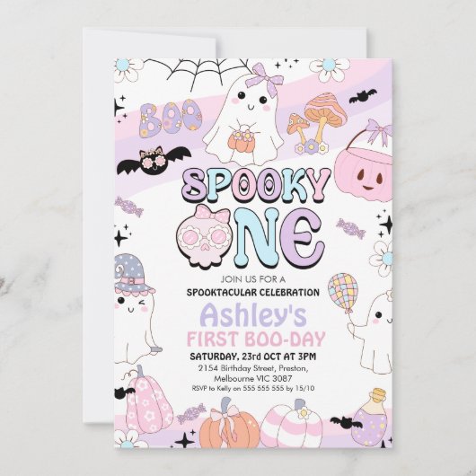 Retro Paarse Meisjes Spooky Halloween 1e Verjaarda Kaart (Voorkant)