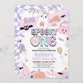 Retro Paarse Meisjes Spooky Halloween 1e Verjaarda Kaart (Voorkant / Achterkant)