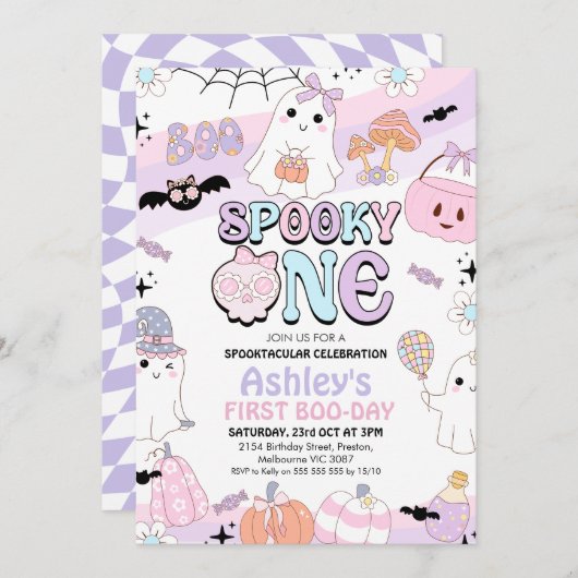 Retro Paarse Meisjes Spooky Halloween 1e Verjaarda Kaart (Voorkant / Achterkant)