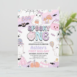 Retro Paarse Meisjes Spooky Halloween 1e Verjaarda Kaart