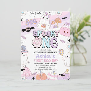 Retro Paarse Meisjes Spooky Halloween 1e Verjaarda Kaart