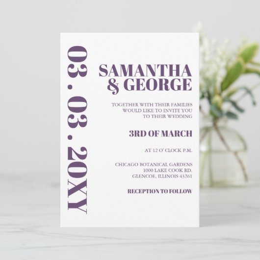 Retro Paarse moderne uitnodiging tot huwelijk (Staand voorkant)