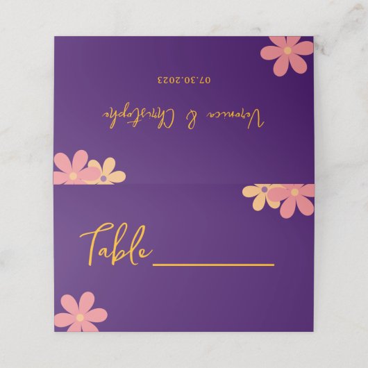 Retro Paarse Oranje Floral Wedding Party Plaatskaartje (Buitenkant ongevouwen)