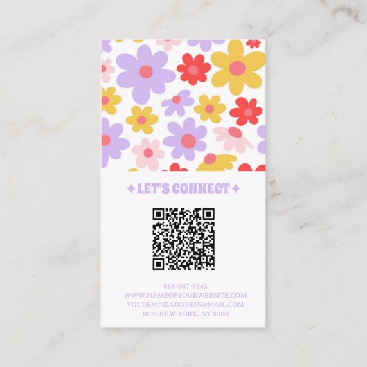 Retro Paarse QR Code Groovy Bloemen Girly Boho Visitekaartje (Achterkant)