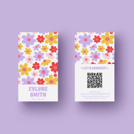 Retro Paarse QR Code Groovy Bloemen Girly Boho Visitekaartje