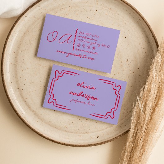 Retro Paarse rode handgeschreven getekende unieke  Visitekaartje