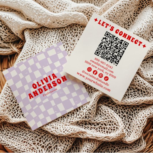 Retro Paarse Rode QR Code Groovy Geruit Boho Fun Vierkante Visitekaartje
