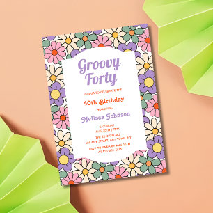 Retro Paarse Roze Bloemen Groovy 40e Verjaardag Kaart