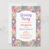 Retro Paarse Roze Bloemen Groovy 40e Verjaardag Kaart (Voorkant)