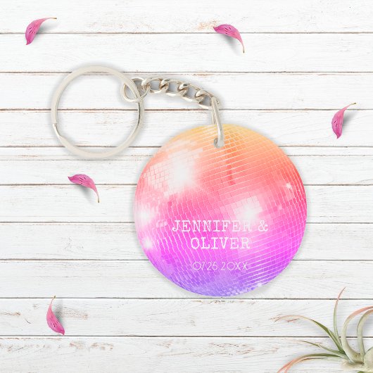 Retro Paarse Roze Disco Bal Foto Bruiloft Favor Sleutelhanger