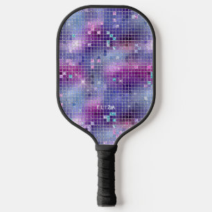Retro Paarse Roze en Blauwe Disco Spiegel Monogr Pickleball Paddle