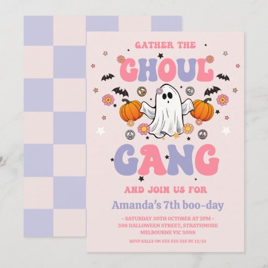 Retro Paarse Roze Ghoul Gang Halloween Verjaardag Kaart (Voorkant / Achterkant)