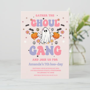 Retro Paarse Roze Ghoul Gang Halloween Verjaardag Kaart