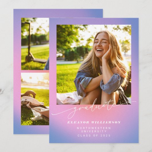 Retro Paarse roze gradiënt 3 Foto Afstuderen Aankondiging (Voorkant / Achterkant)
