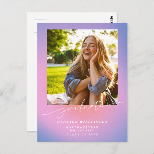 Retro Paarse roze gradiënt foto Afstuderen Briefkaart (Voorkant / Achterkant)