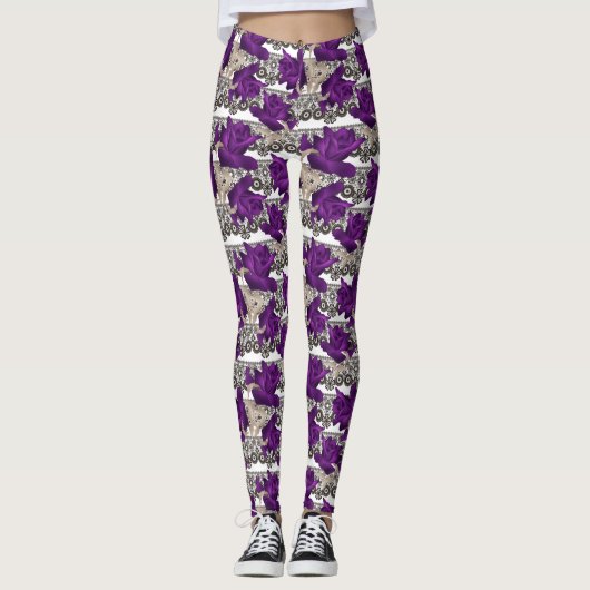Retro, paarse rozen leggings (Voorkant)