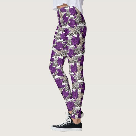 Retro, paarse rozen leggings (Links)