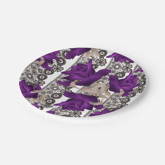 Retro, paarse rozen papieren bordje (Gekanteld)