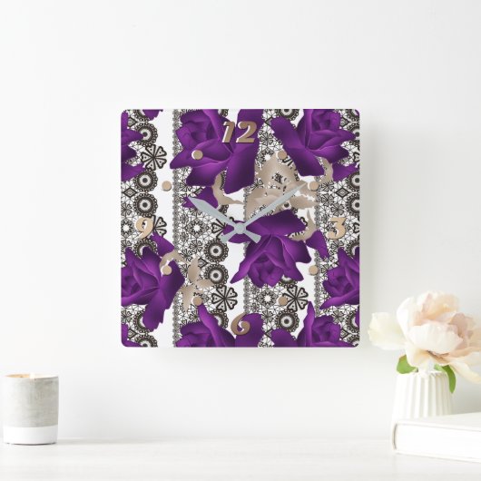 Retro, paarse rozen vierkante klok (Huis)