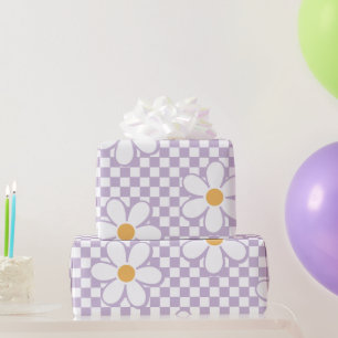 Retro paarse ruit en madeliefje cadeaupapier