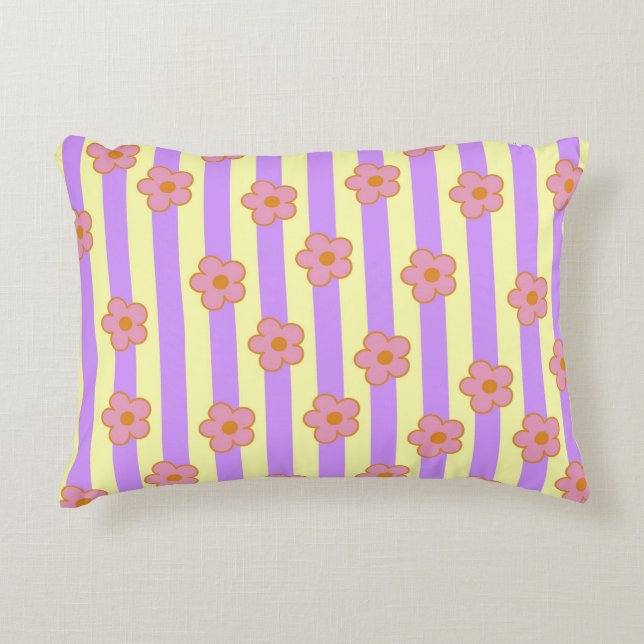 Retro  Paarse streep bloemmotief Accent Kussen (Voorkant)